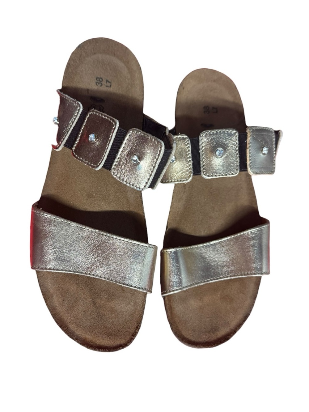 Metallic Silver Slide Sandals with Adjustable Buckles Sz 38